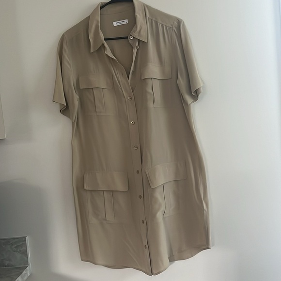 Equipment Remy Silk Button-Front Utility Shirt Dress Khaki Beige M - Picture 6 of 14